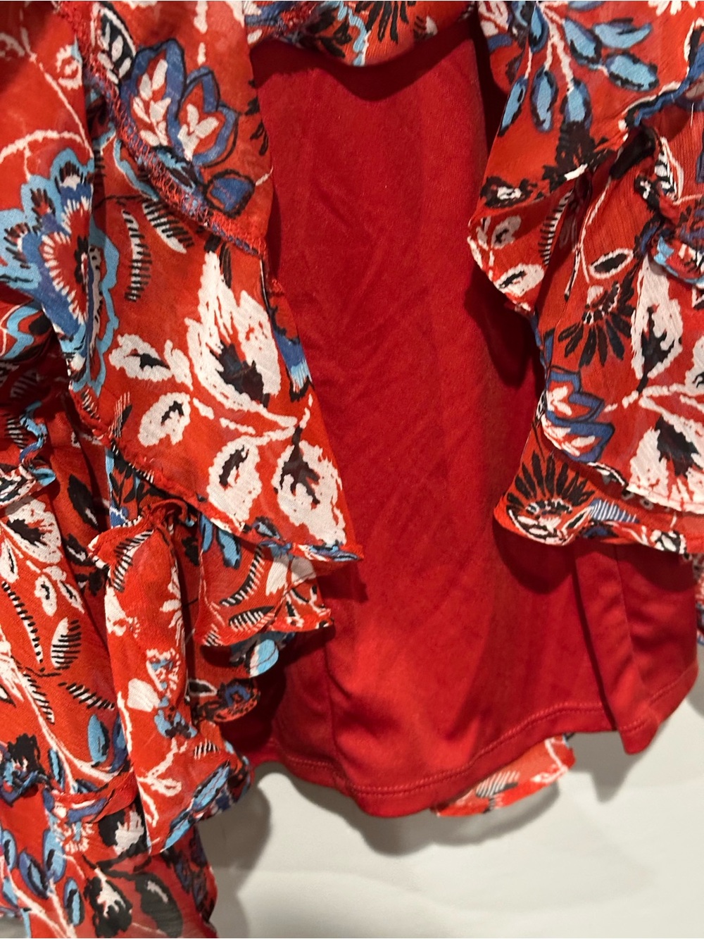 Red Floral Sleeveless Mini Dress with Ruffle Hem - Picture 5 of 6